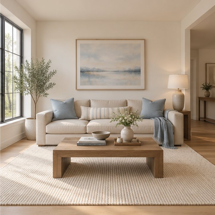 AI-generated soft contemporary room concept with subtle blue accents